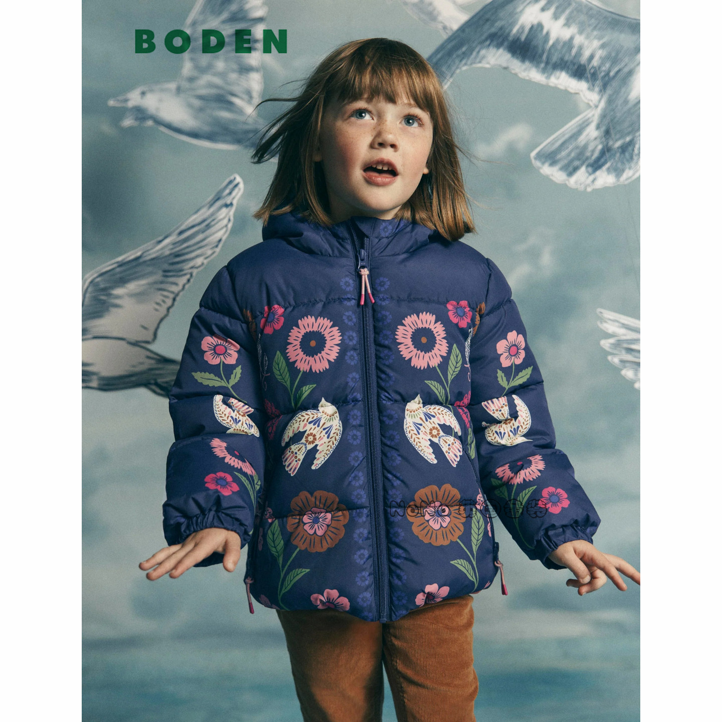 英国Mini BODEN女童小鸟碎花防雨雪外套棉服加厚棉衣2-14岁G5701