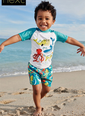 现货Next英国正品男童绿色鲸鱼章鱼分体防晒泳衣冲锋泳裤A50-785