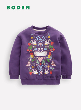 英国Mini Boden代购女童紫色天鹅碎花卫衣运动衫纯棉2-10岁G5497