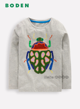 代购英国Mini BODEN男童灰色昆虫甲虫刺绣长袖T恤全棉2-10岁B3077