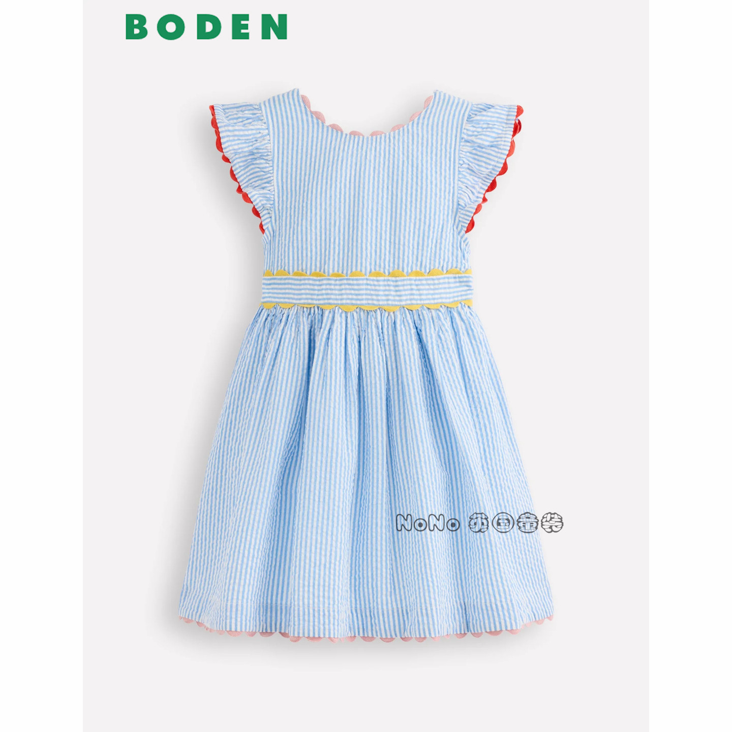 代购英国Mini Boden女童蓝色条纹刺绣短袖连衣裙全棉2-12岁G5792
