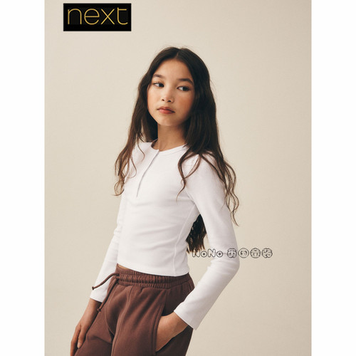 英国Next正品女大童亲子白色亨利领长袖T恤打底3-16岁新款G61-110