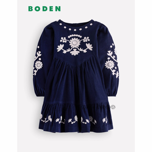 英国Mini Boden女童蓝色刺绣花朵长袖连衣裙纯棉2-12岁新款G6111