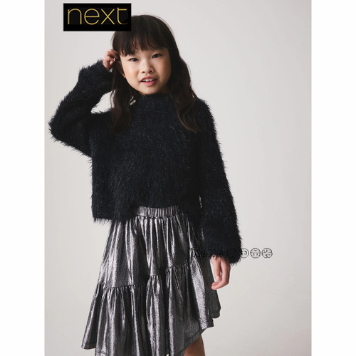 英国Next正品女大童亲子亮黑色羽毛纱毛衣针织3-16岁新款V61-617