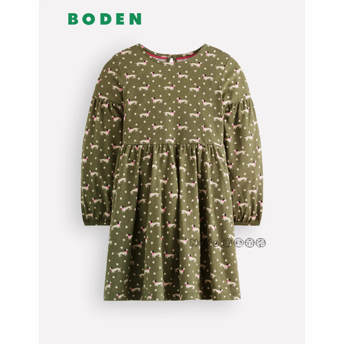 英国Mini Boden女童墨绿色小狗全棉长袖连衣裙2-12岁新款G6061