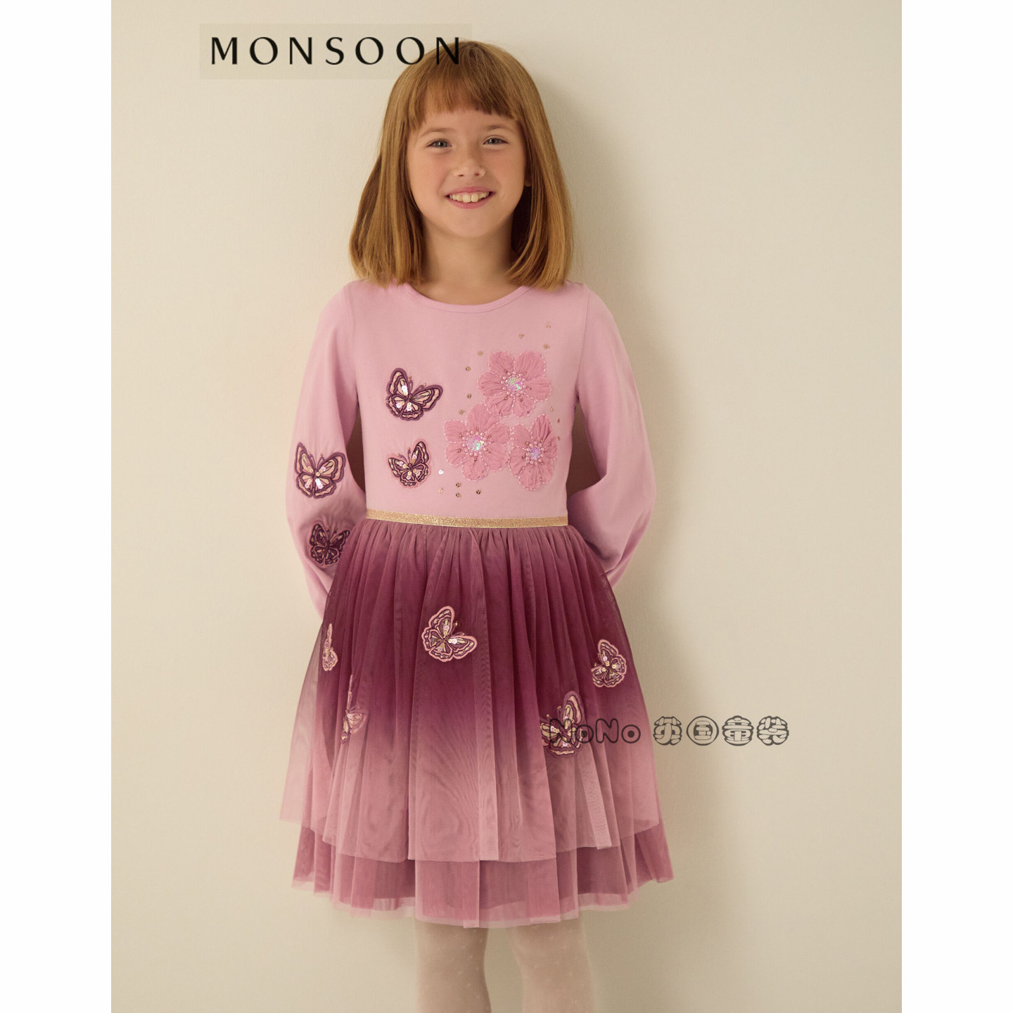 英国Monsoon女童粉色蝴蝶花朵刺绣重工礼服演出连衣裙3-15岁56882