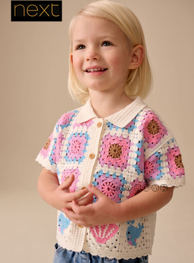 代购英国Next代购女童花朵钩花针织短袖T恤翻领1-7岁新款H85-310