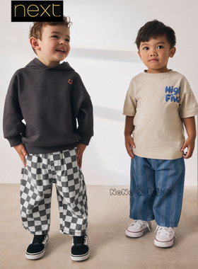 Next代购英国男童牛仔蓝色条纹棋盘格长裤春秋宽松1-7岁H23-730