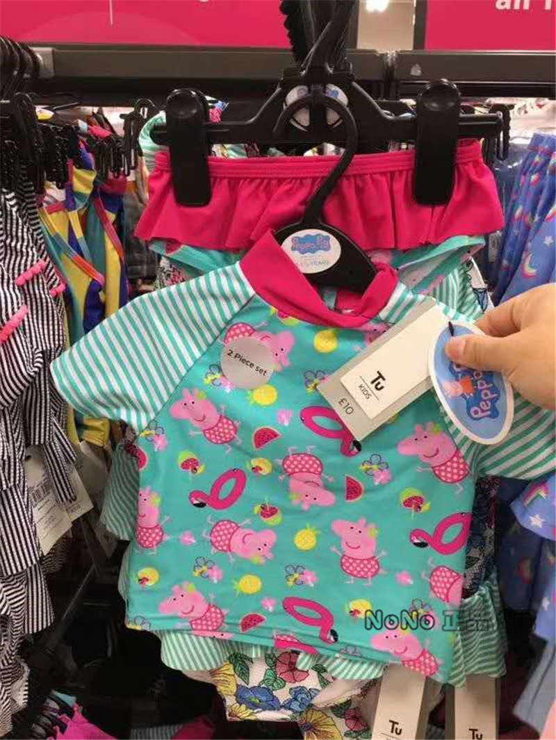 现货英国正品Tu女童绿色粉色小猪佩奇半袖防晒泳衣冲浪衣泳裤裙