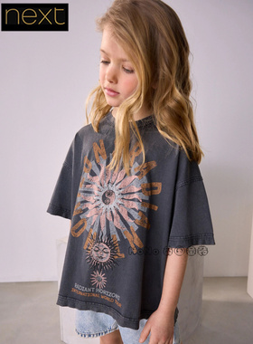 英国Next正品女大童亲子炭灰色天体T恤衫宽松纯棉吸汗AR4-642