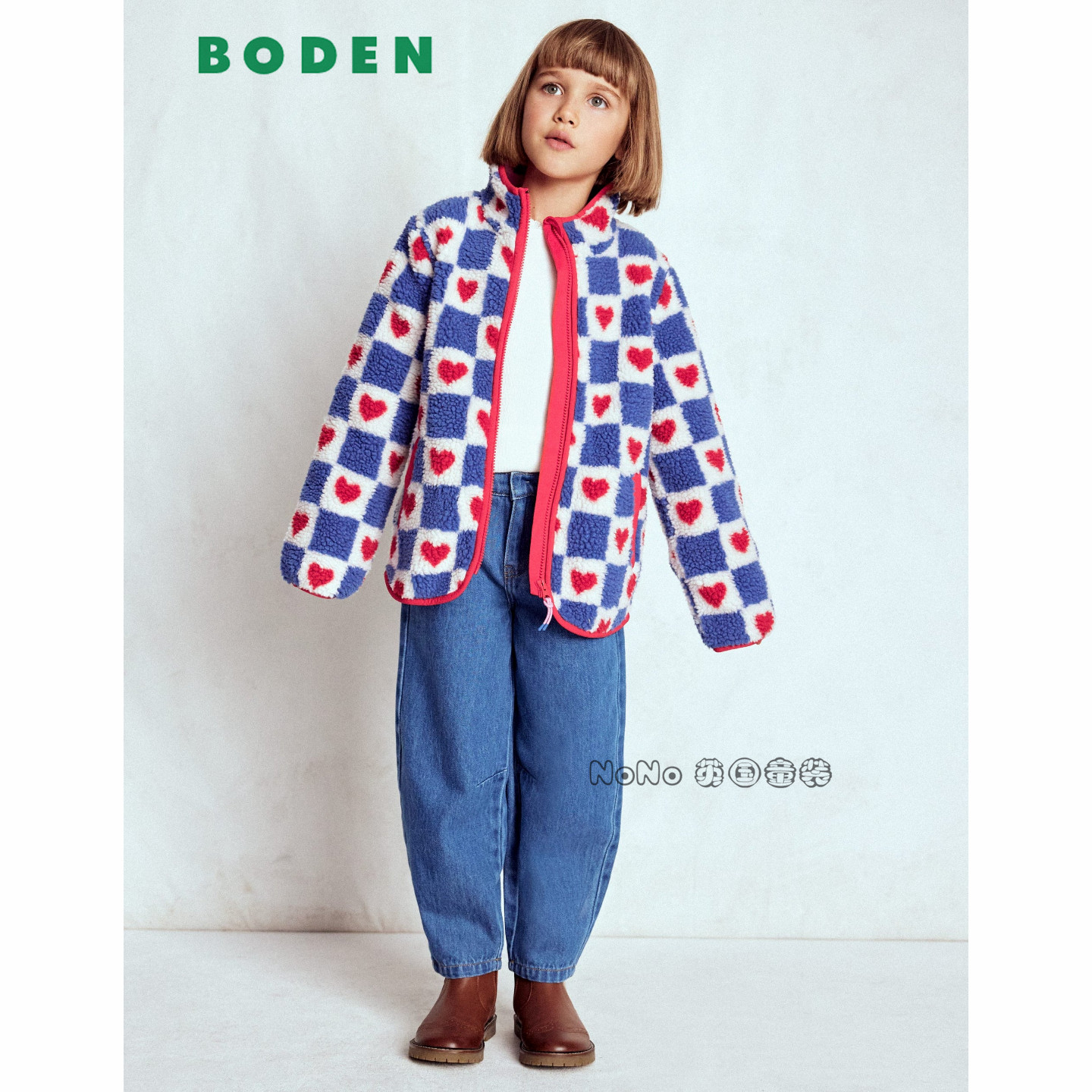 现货英国Mini BODEN女童蓝红格子爱心外套羊羔毛棉服2-14岁G4933