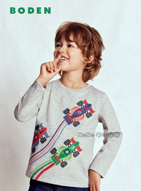 代购英国Mini BODEN男童灰色赛车刺绣长袖T恤纯棉2-12岁B3051