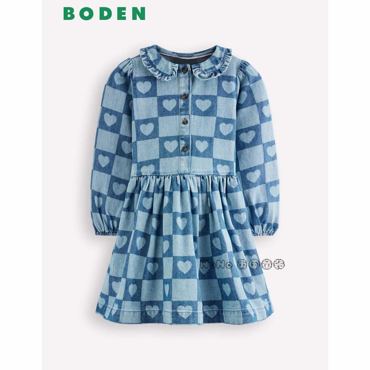 代购英国Mini Boden女童蓝色牛仔爱心长袖连衣裙全棉2-12岁G5760