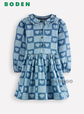代购英国Mini Boden女童蓝色牛仔爱心长袖连衣裙全棉2-12岁G5760
