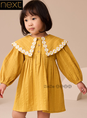 英国Next正品代购女童25新款长袖纯棉黄色雏菊翻领连衣裙AY6-728
