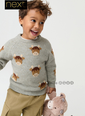 英国Nex代购男童灰色牦牛卡通针织衫毛衣1-7岁羊毛圆领H65-715
