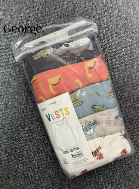 现货英国乔治George男童恐龙橙色蓝色挖掘机老虎背心无袖T恤五件