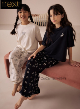 英国Next正品女大童亲子黑白色印花短袖家居服纯棉睡裤AC2-707