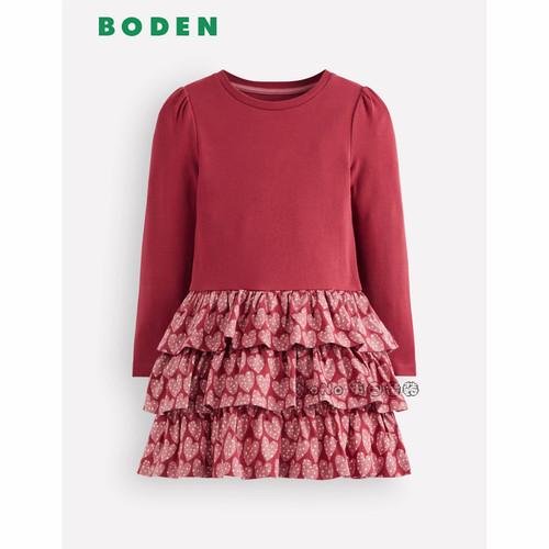 英国Mini Boden女童新年红色爱心蛋糕长袖连衣裙纯棉2-12岁G6054