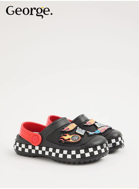 现货英国GEORGE乔治儿童黑色格子洞洞鞋拖鞋沙滩HOT WHEELS