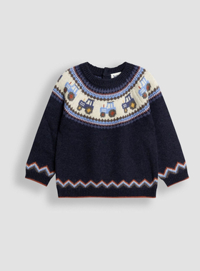 英国JoJo Maman Bebe男童蓝色拖拉机费尔岛毛衣针织衫羊毛F49-220