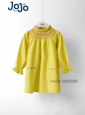 英国JoJo Maman Bebe女童黄色刺绣长袖连衣裙纯棉1-9岁W26-427