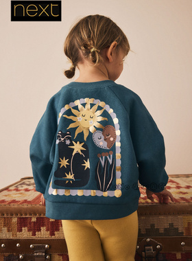 英国Next代购女童蓝色星月猫咪烫金卫衣运动衫加绒1-7岁F75-004