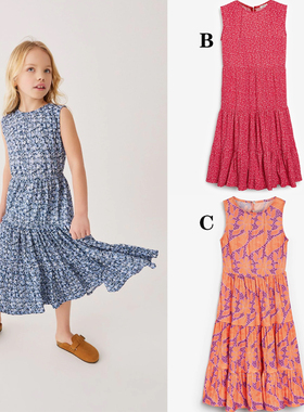 Next英国正品女童大童可亲子橙色蓝色红色花朵连衣裙露背T12-359