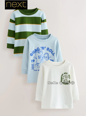 英国Next正品代购男童蓝绿色条纹卡通纯棉长袖T恤1-7岁F86-538