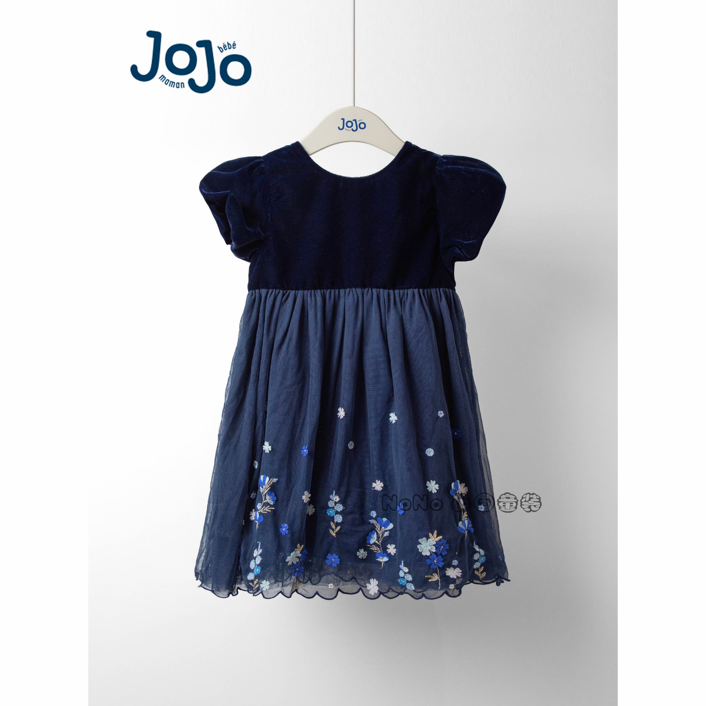 代购英国JoJo Maman Bebe女童深蓝色丝绒刺绣花礼服连衣裙W26-454