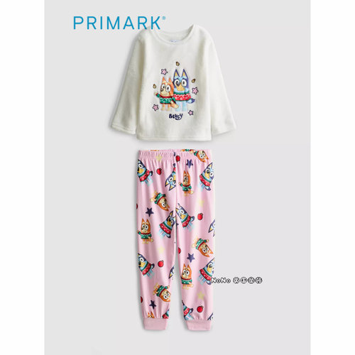 代购英国Primark女童粉白色布鲁伊宾果加绒冬季长袖家居服睡衣裤
