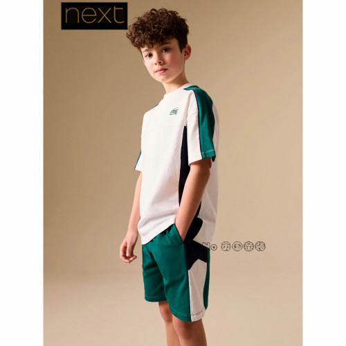 Next英国男大童绿白拼色短袖T恤短裤纯棉套装3-16岁新款Y02-982