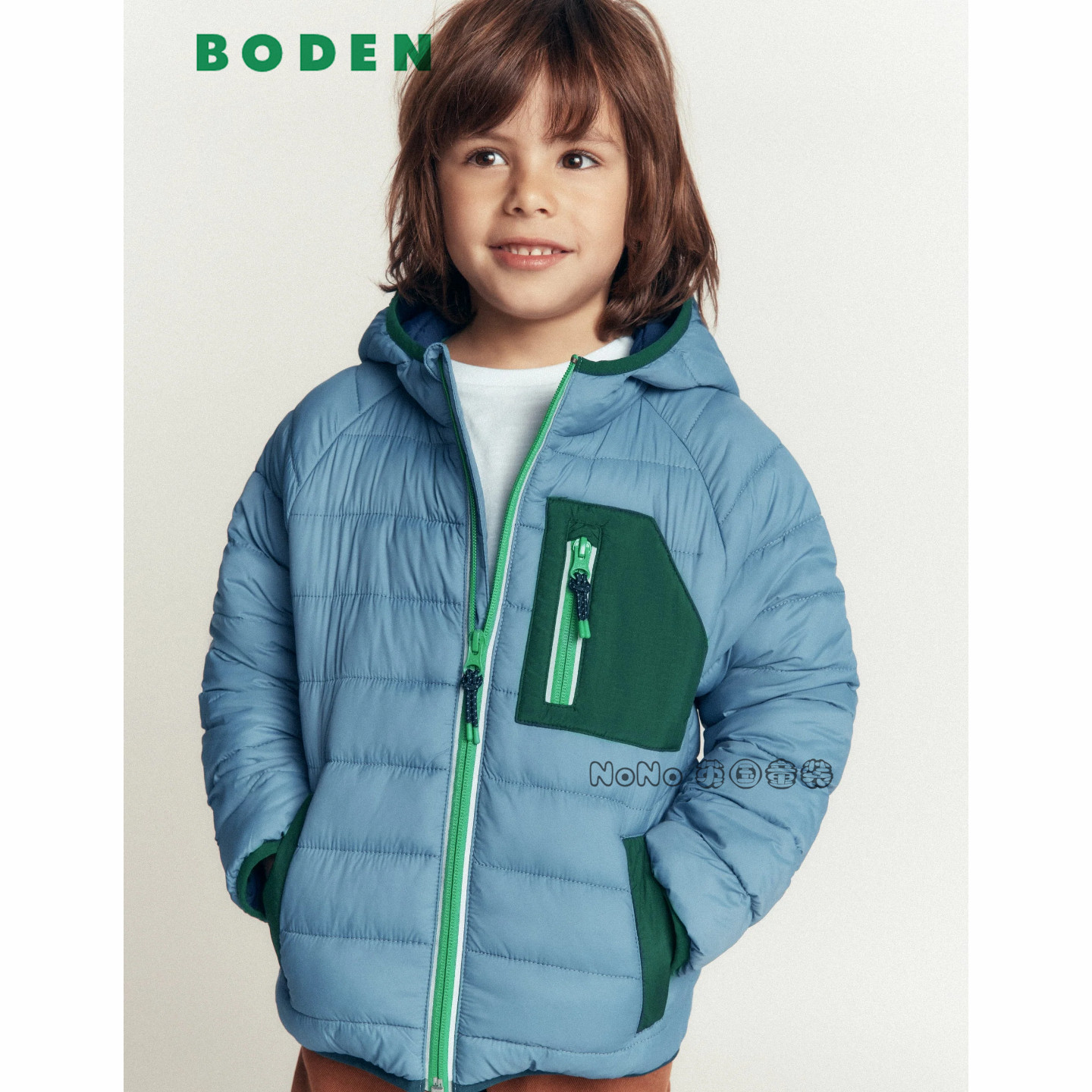 英国Mini BODEN男童轻薄款蓝绿撞色外套棉衣棉服2-14岁新款B3273