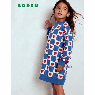 代购英国Mini Boden女童爱心蓝格子卫衣连衣裙纯棉2-12岁G5746