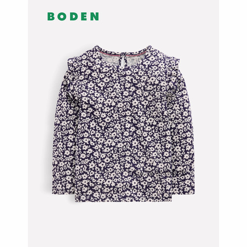 英国Mini BODEN女童蓝色碎花荷叶边长袖T恤休闲全棉2-14岁G6148