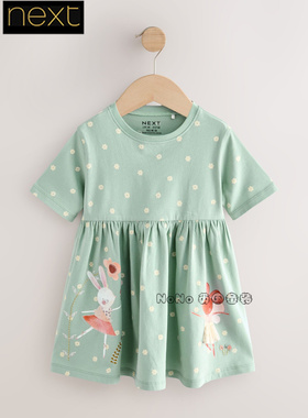英国Next正品代购女童绿色小兔子老鼠印花连衣裙纯棉短袖F44-939