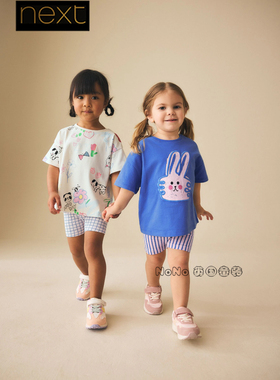 英国Next正品女童蓝白色兔子熊猫花T恤短裤套装全棉1-7岁W65-773