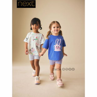 7岁W65 英国Next正品 全棉1 套装 773 女童蓝白色兔子熊猫花T恤短裤
