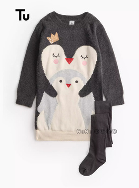 现货英国TU正品女童炭灰色白企鹅母爱卡通毛衣裙连裤袜连衣裙套装
