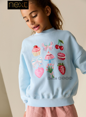 英国Next女大童亲子蓝色蛋糕草莓上衣卫衣圆领T恤3-16岁W73-889