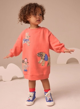 英国Next正品代购女童新款橙色兔子小狗连衣裙长袖卫衣AP9-458