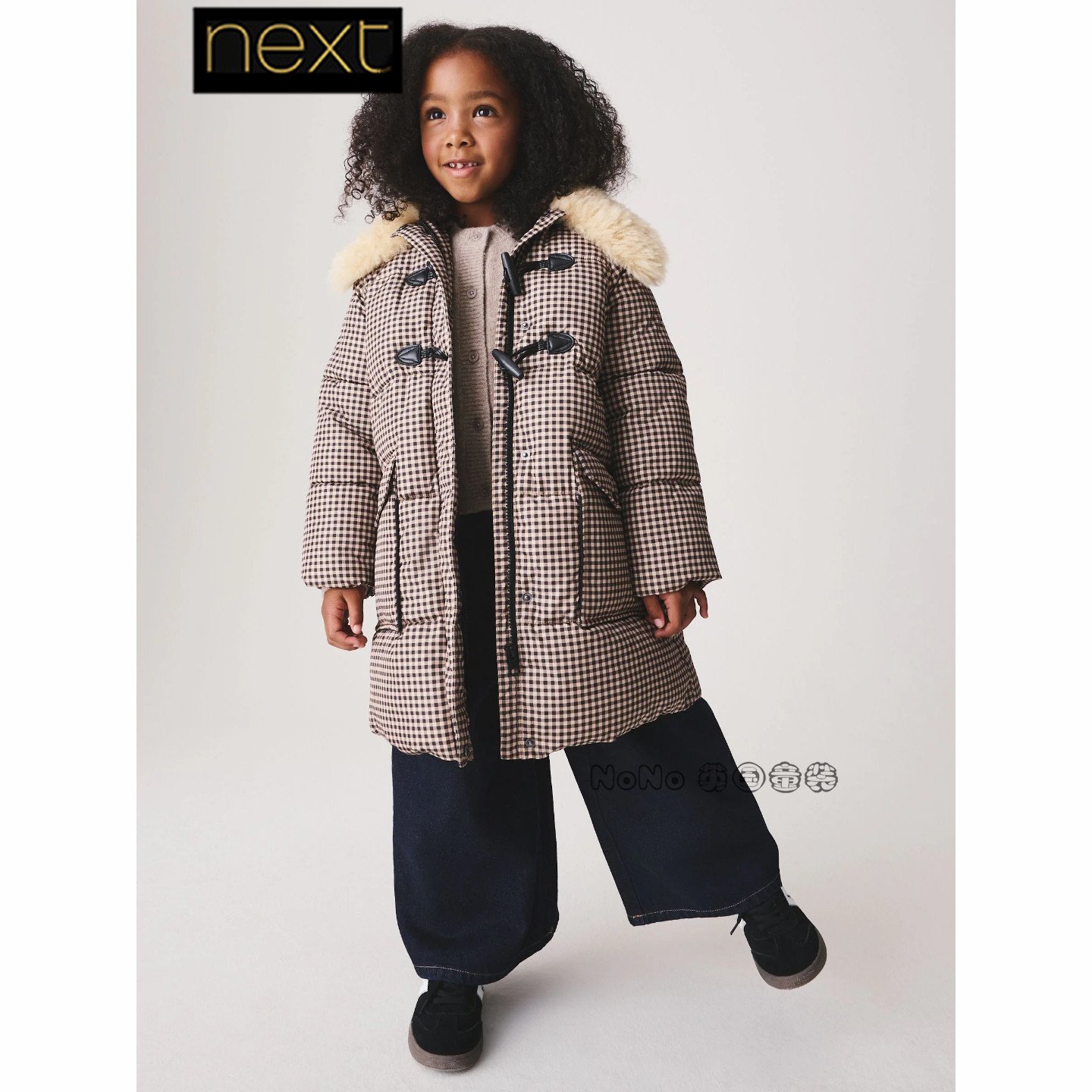 英国Next代购女大童格子防雨雪外套厚款中长棉服衣3-16岁G71-291