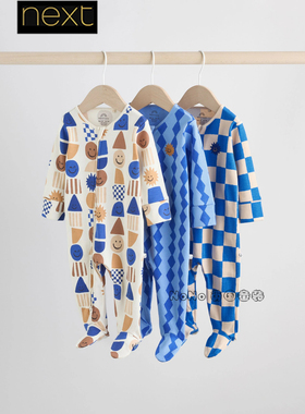 英国Next女婴新生儿蓝色卡通格子连体睡衣长爬睡袋纯棉F35-921