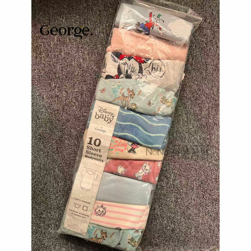 现货英国乔治George女婴新生儿米妮斑比玛丽猫高飞短袖包屁衣纯棉