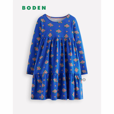英国Mini Boden女童蓝底红色小碎花长袖连衣裙纯棉2-12岁G5500