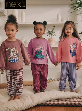 英国Next女童粉紫色格条纹家居服睡衣长袖秋裤1-10岁纯棉F31-884