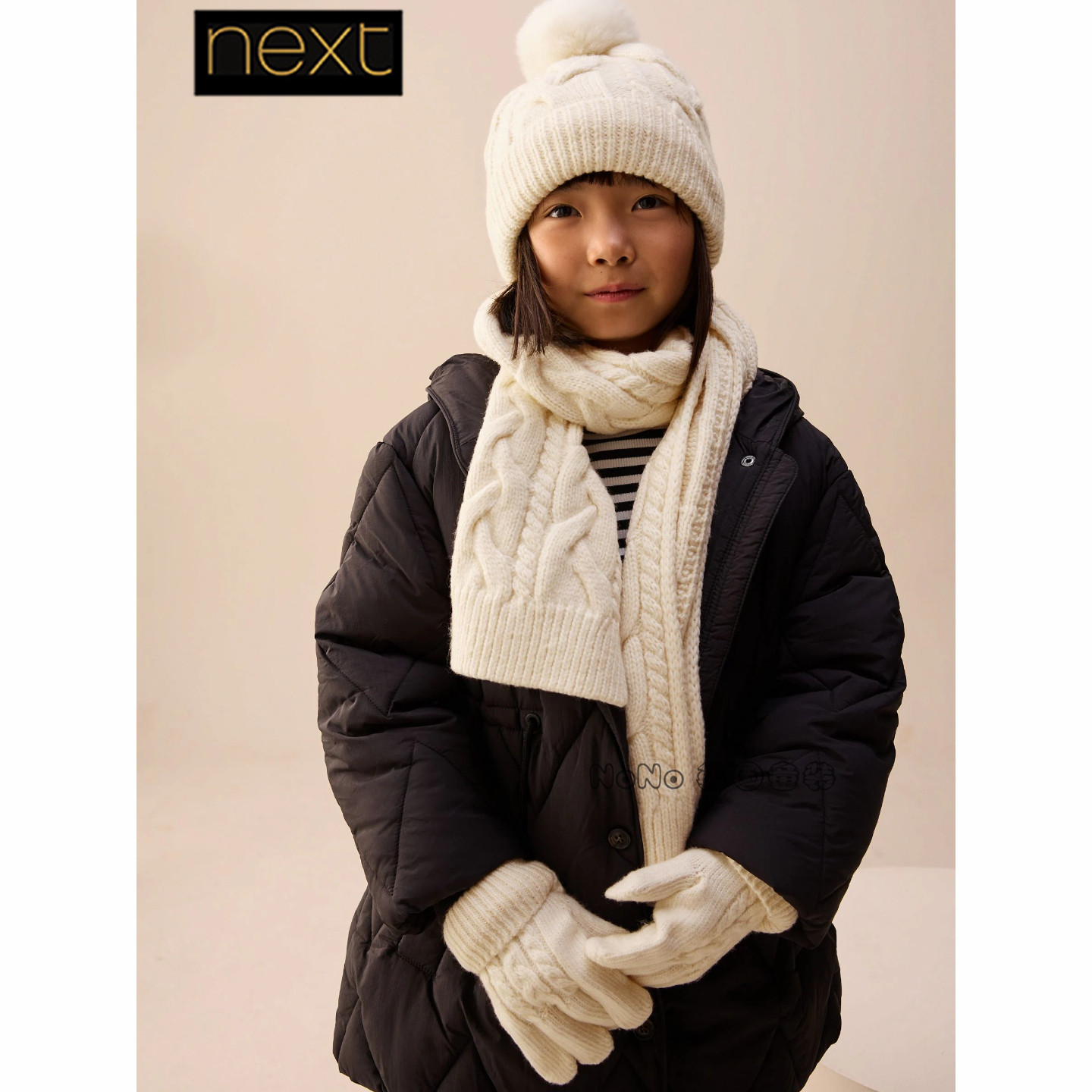 英国Next正品女童米白色毛线麻花帽子围巾手套套装新款F31-625