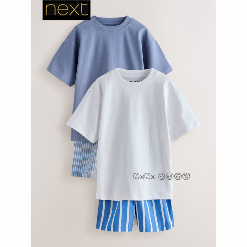 英国Next正品男中大童蓝色家居服短袖睡衣裤纯棉3-16岁G58-009