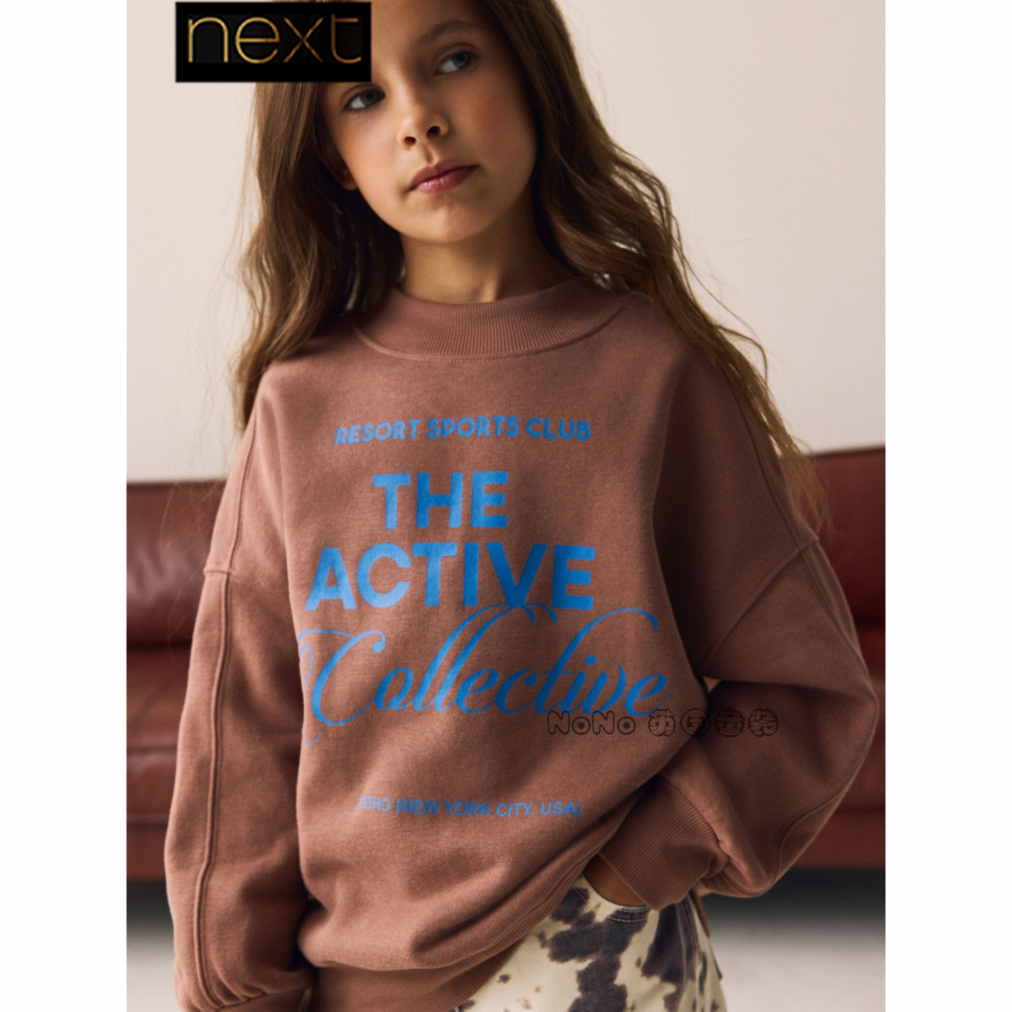 英国Next女大童亲子棕蓝撞色字母上衣卫衣圆领T恤3-16岁H15-891