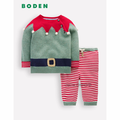 代购英国Baby BODEN婴儿圣诞针织毛衣红绿条纹长裤纯棉套装Y2727